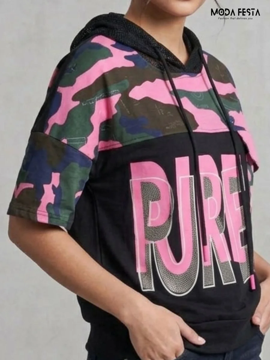 ModaFesta -letter-printed-hooded-top-pink