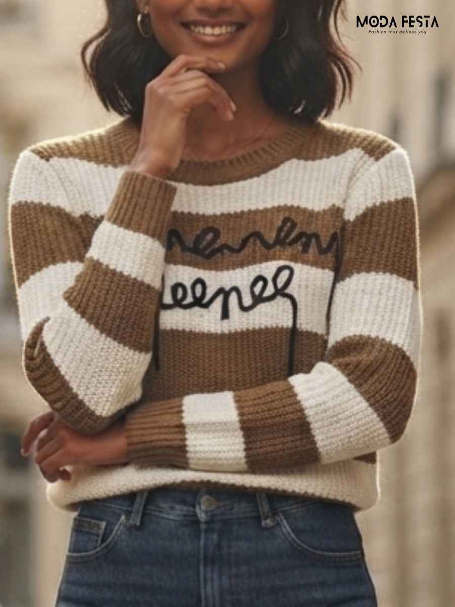 ModaFesta -brown-off-white-striped-embroidered-knit-top