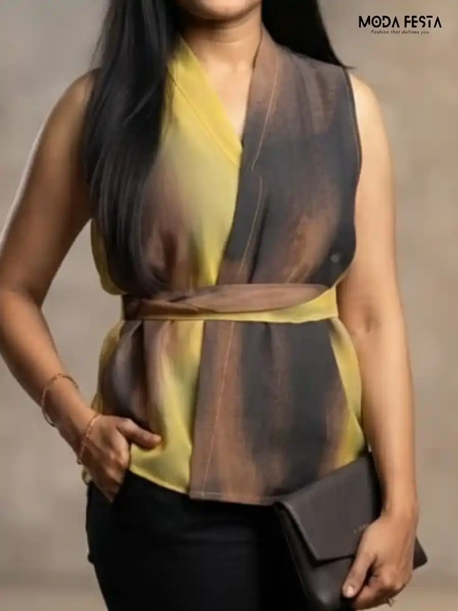ModaFesta -two-tone-wrap-style-belted-top
