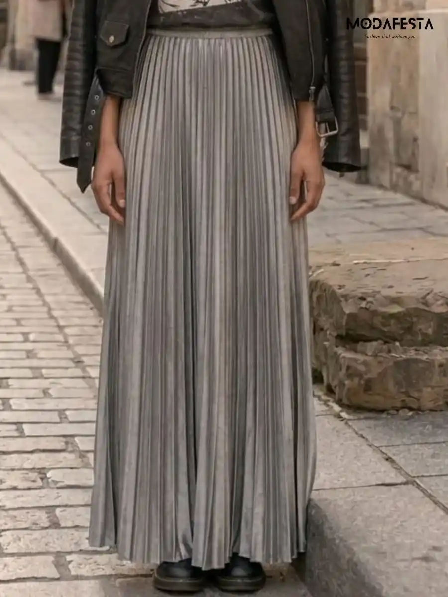 ModaFesta -elegant-satin-high-waist-pleated-skirt-silver