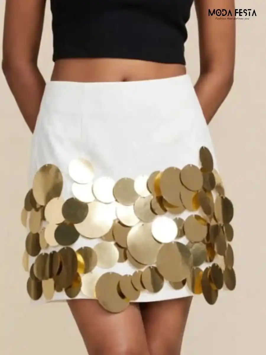 ModaFesta -white-and-gold-disc-embellished-mini-skirt