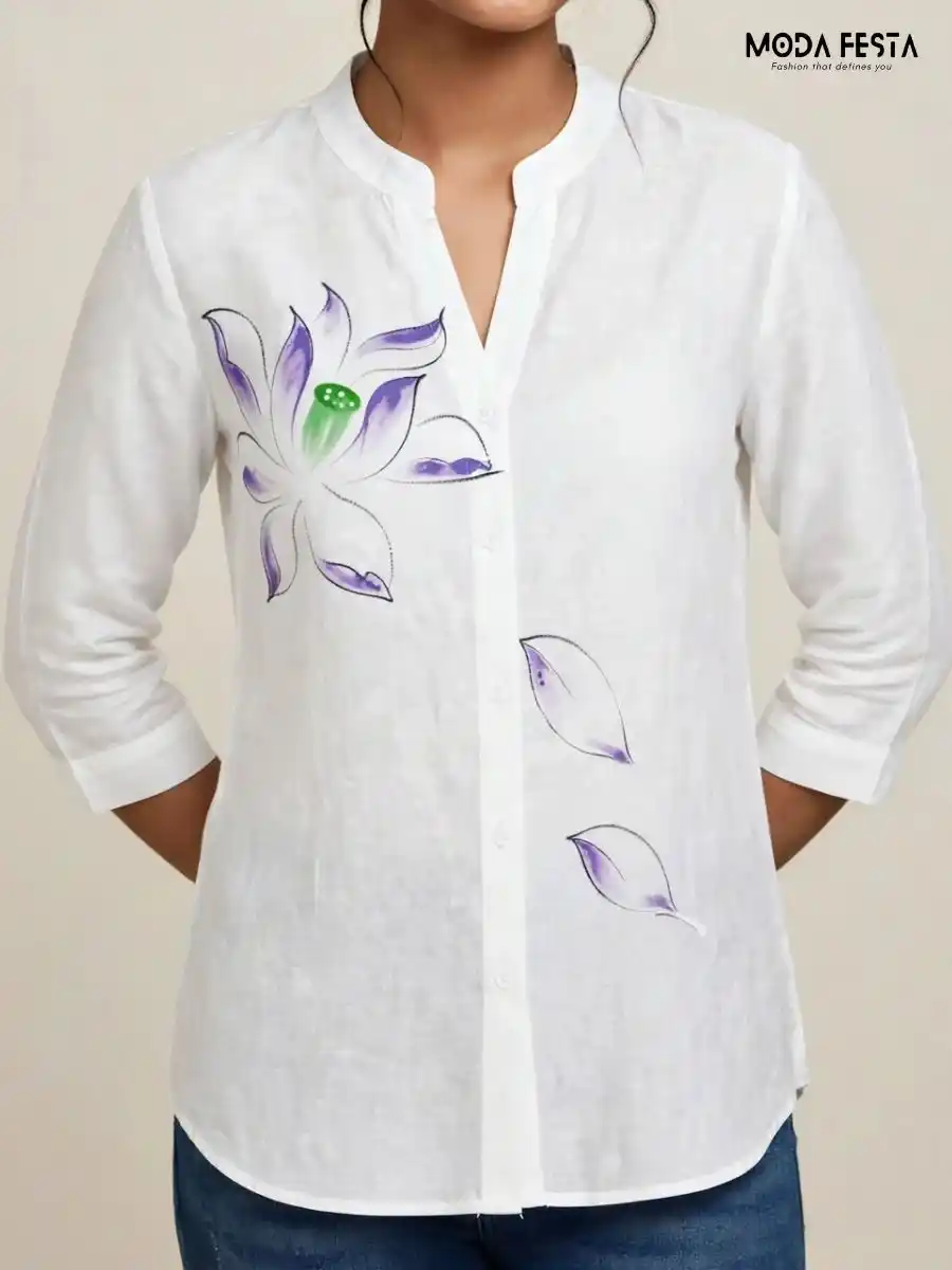 ModaFesta -white-hand-painted-floral-casual-shirt