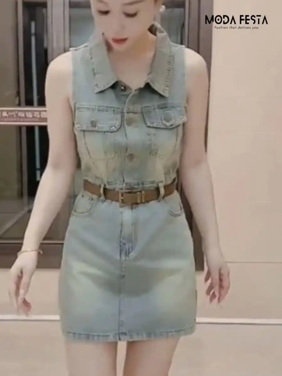 ModaFesta -retro-style-lapel-sleeveless-denim-dress