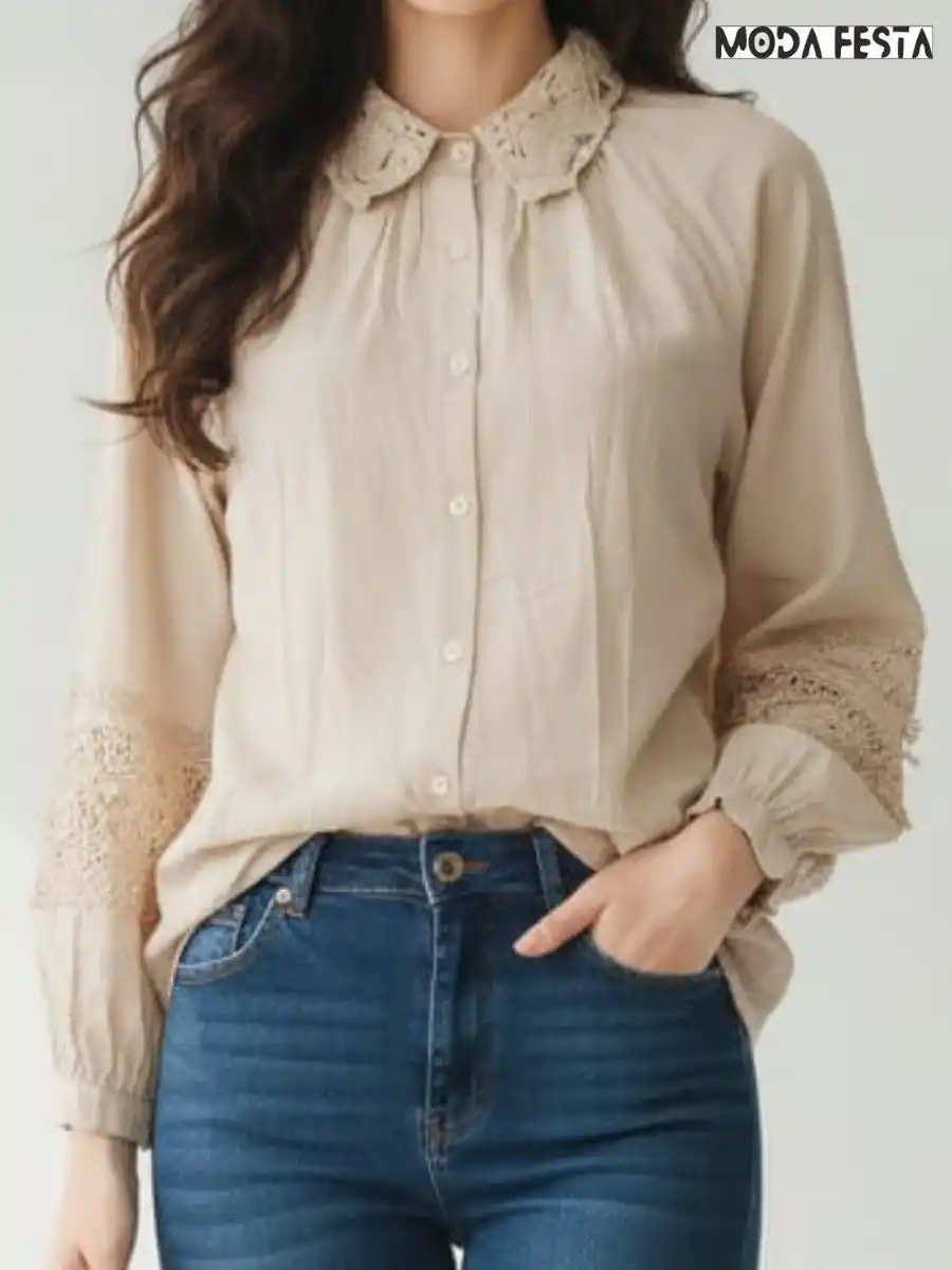 ModaFesta -elegant-cutwork-cotton-shirt-beige