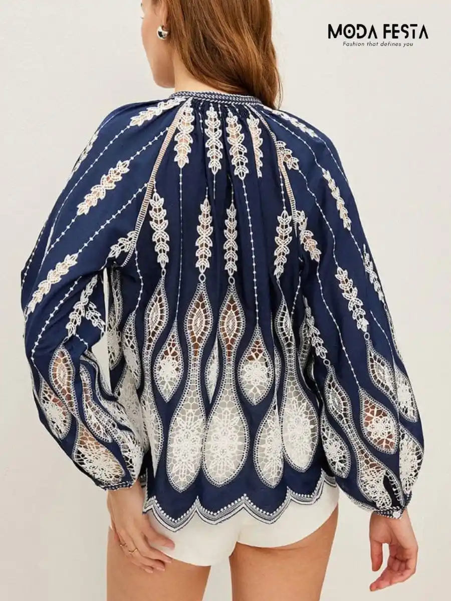 ModaFesta -embroidered-tie-neck-top-navy-blue