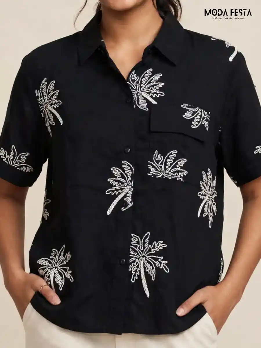 Black Palm Tree Embroidered Casual Shirt