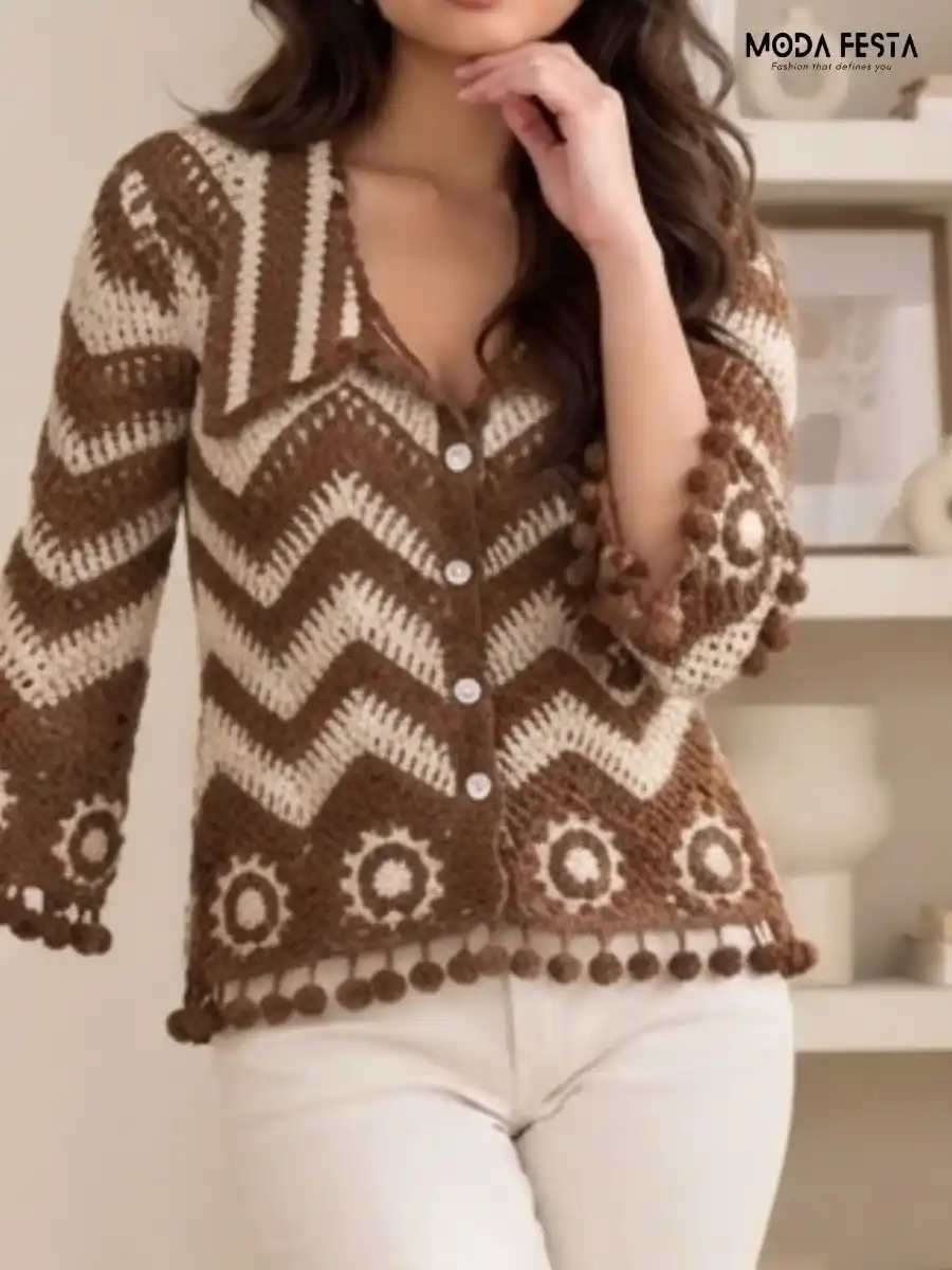 ModaFesta -brown-cream-chevron-crochet-knit-top