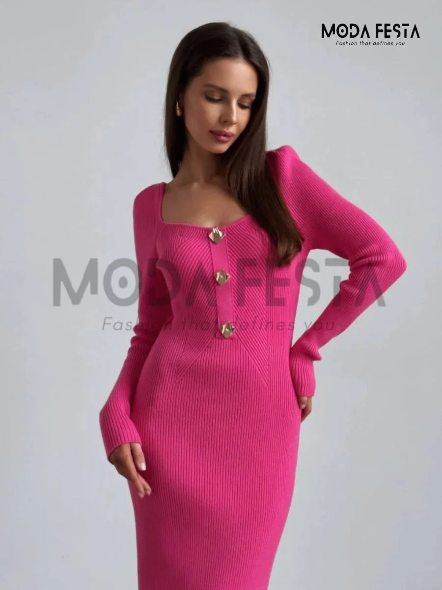 ModaFesta -elegant-sweetheart-neck-knitted-dress-pink
