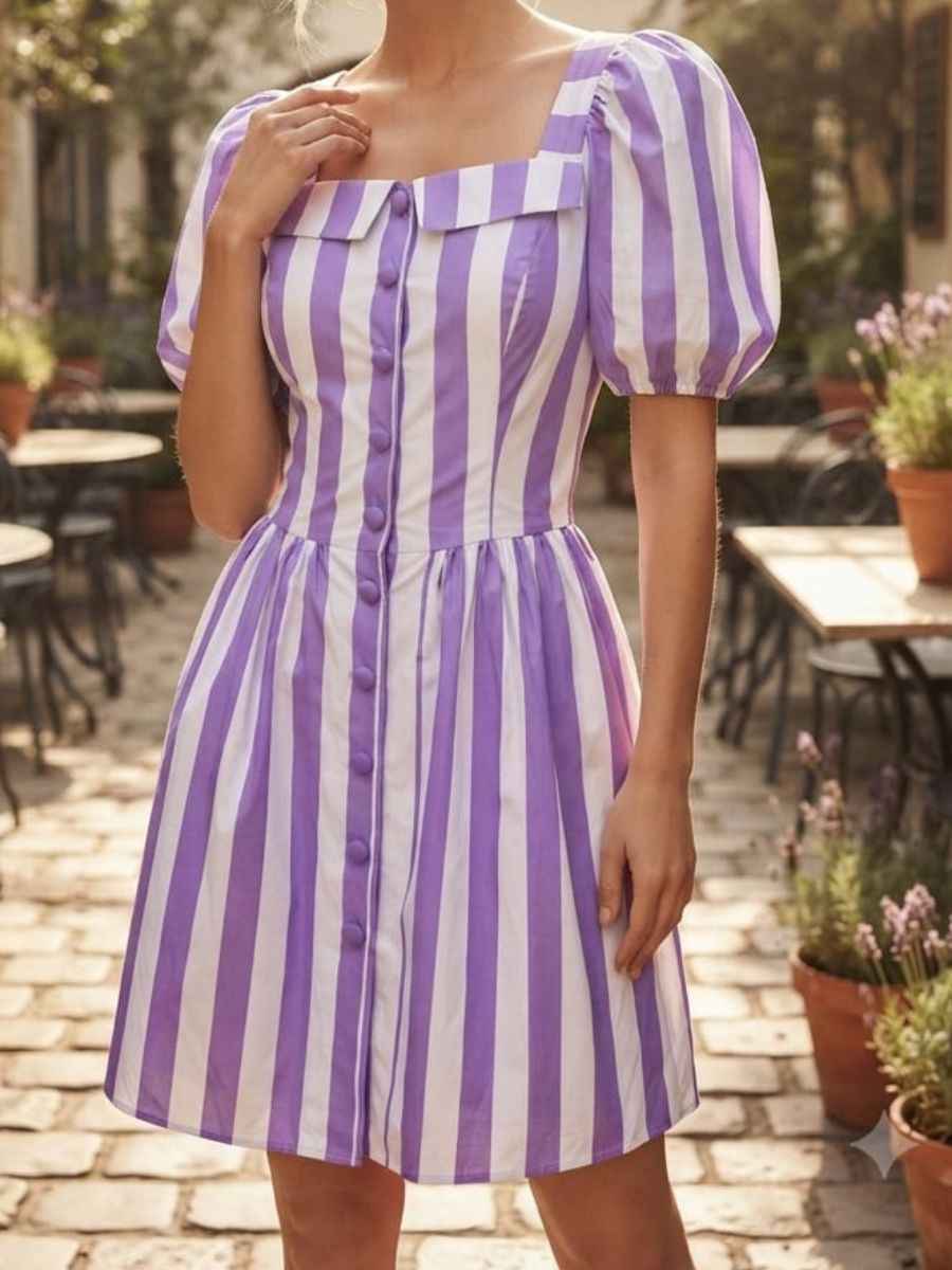 Dress Short Puff-Sleeve Striped Dress
