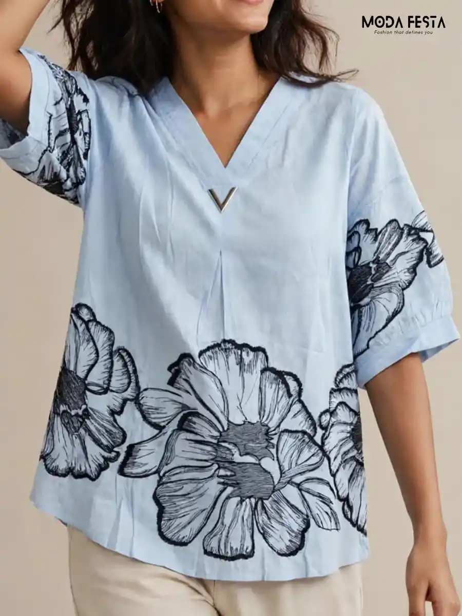 Light Blue Oversized Floral Print Top