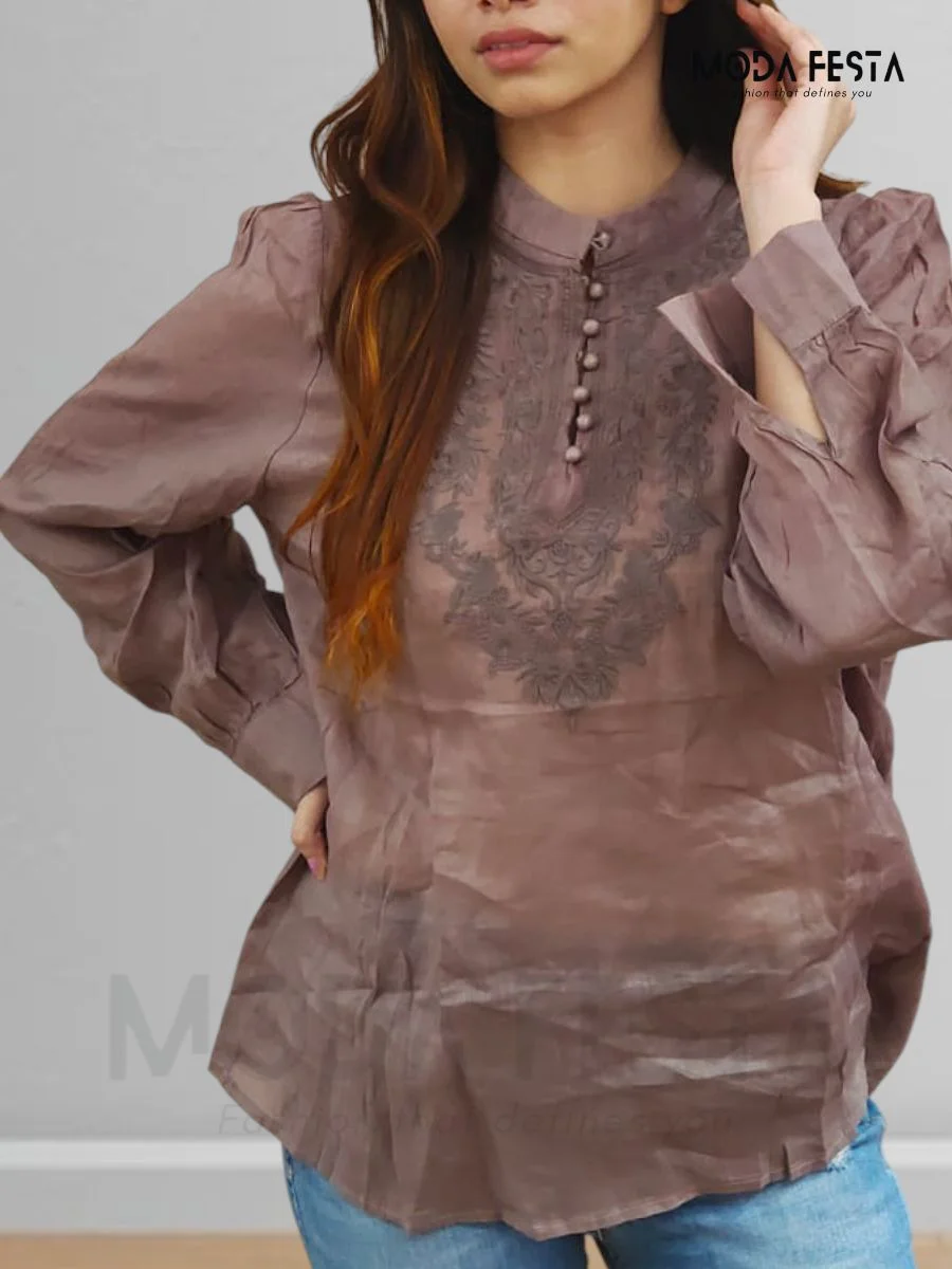 ModaFesta -embroidered-linen-top-brown-mid-lenght
