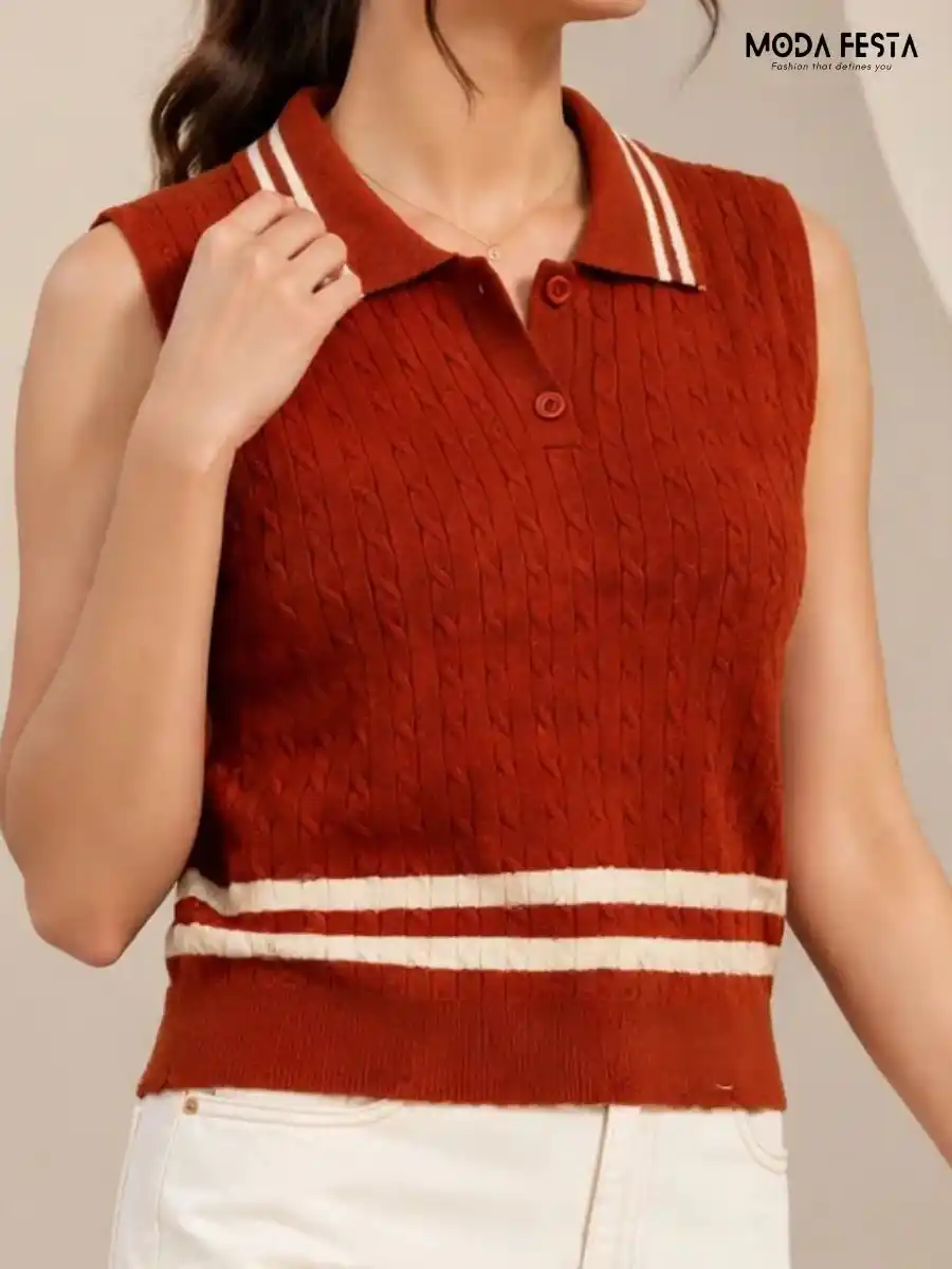 ModaFesta -red-white-striped-cable-knit-sleeveless-polo-top