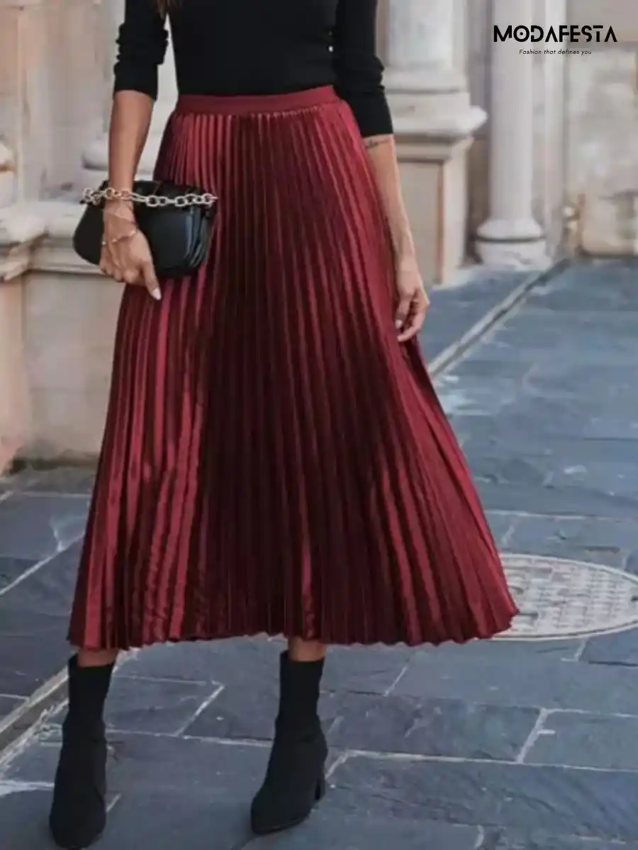 ModaFesta -elegant-satin-high-waist-pleated-skirt-maroon