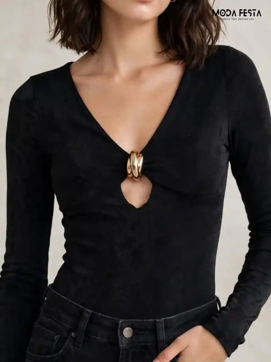 Black Metal Ring Accent V-Neck Top