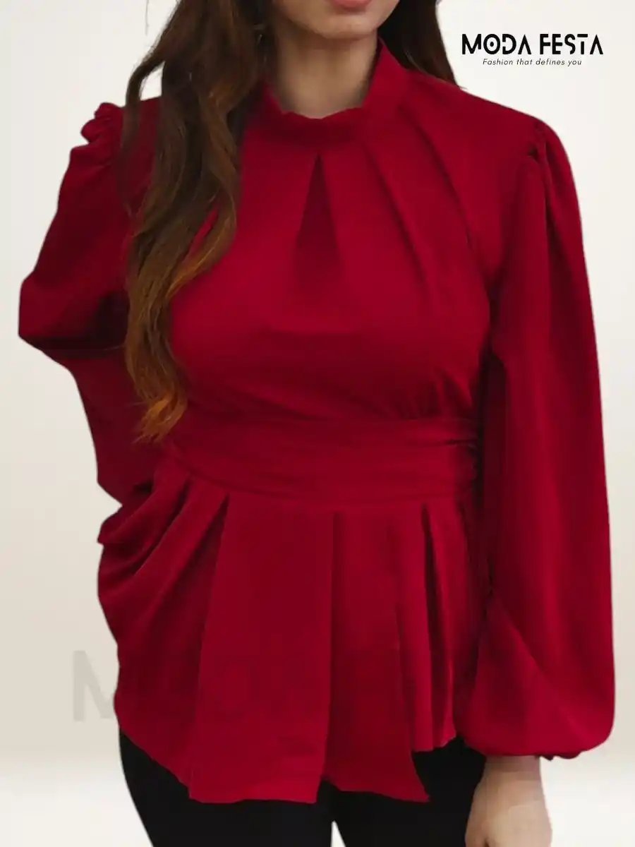 ModaFesta -red-high-neck-peplum-top