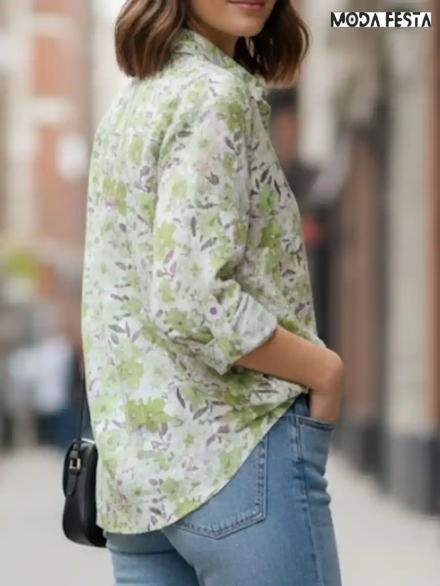 ModaFesta -elegant-floral-print-linen-shirt-green