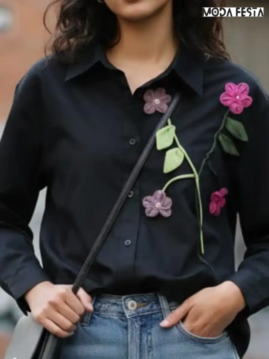 ModaFesta -elegant-cute-flower-long-shirt-black
