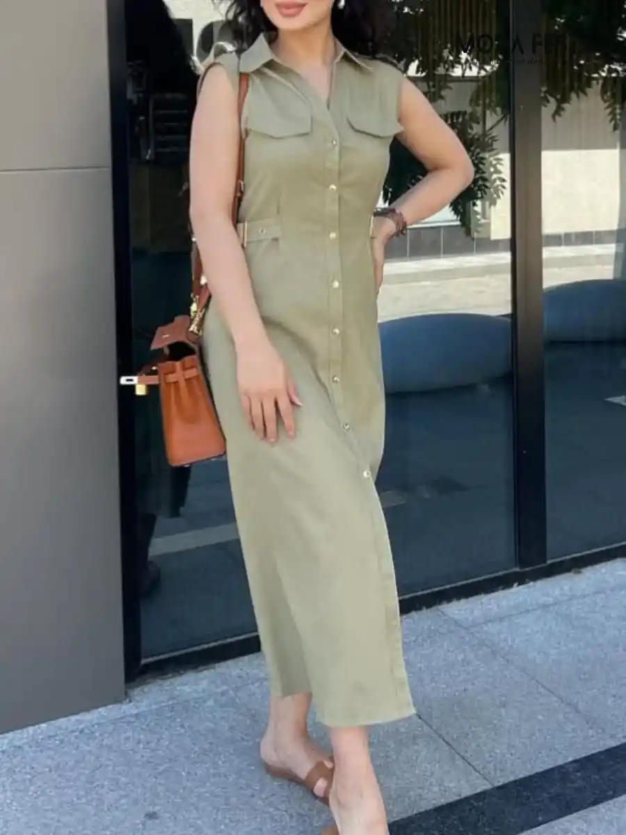ModaFesta -elegant-linen-blend-dress-olive-green
