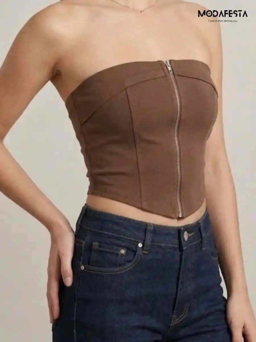 ModaFesta -elegant-zipper-crop-tube-brown