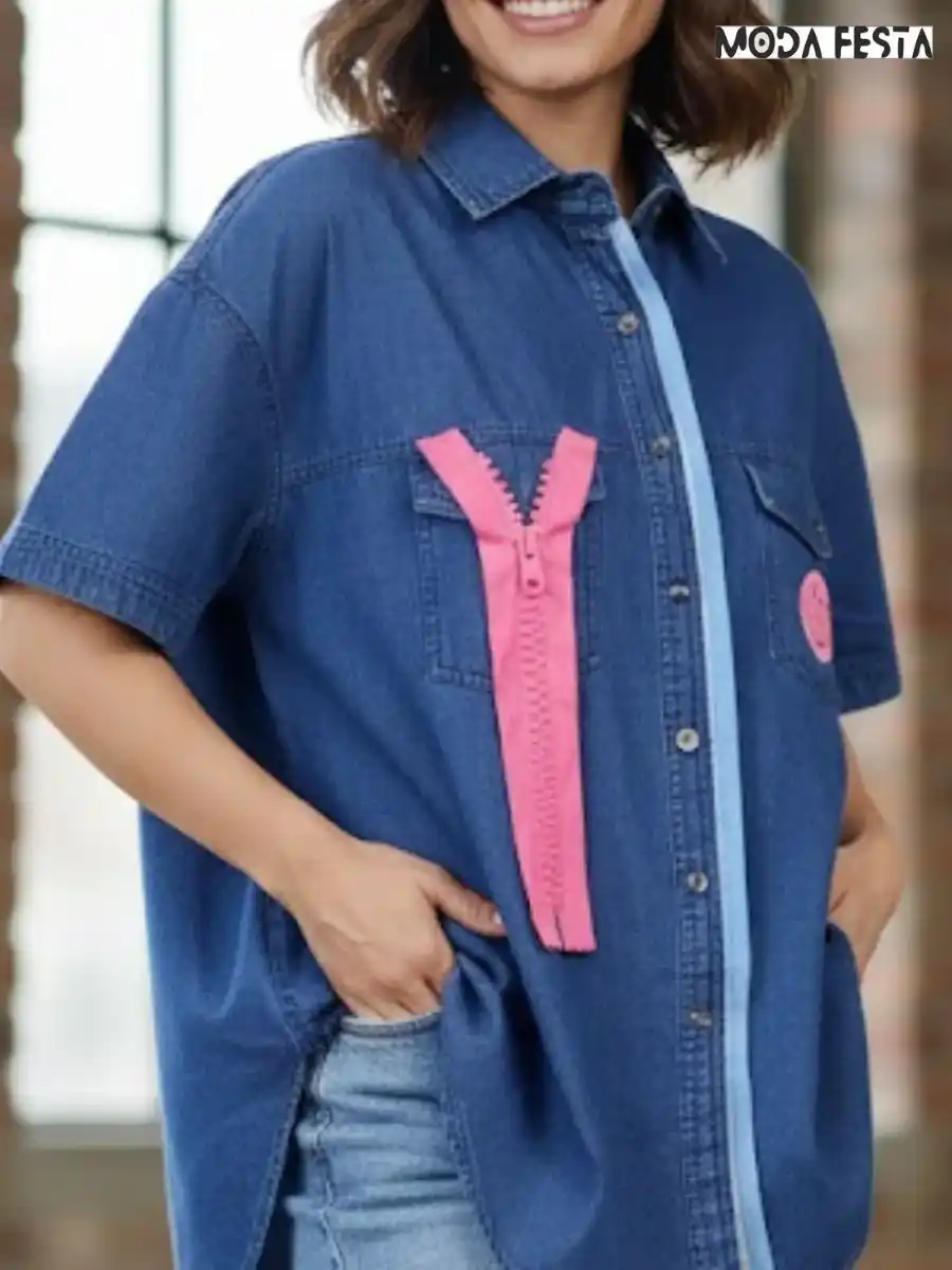 ModaFesta -elegant-casual-denim-shirt-with-smiley-pink
