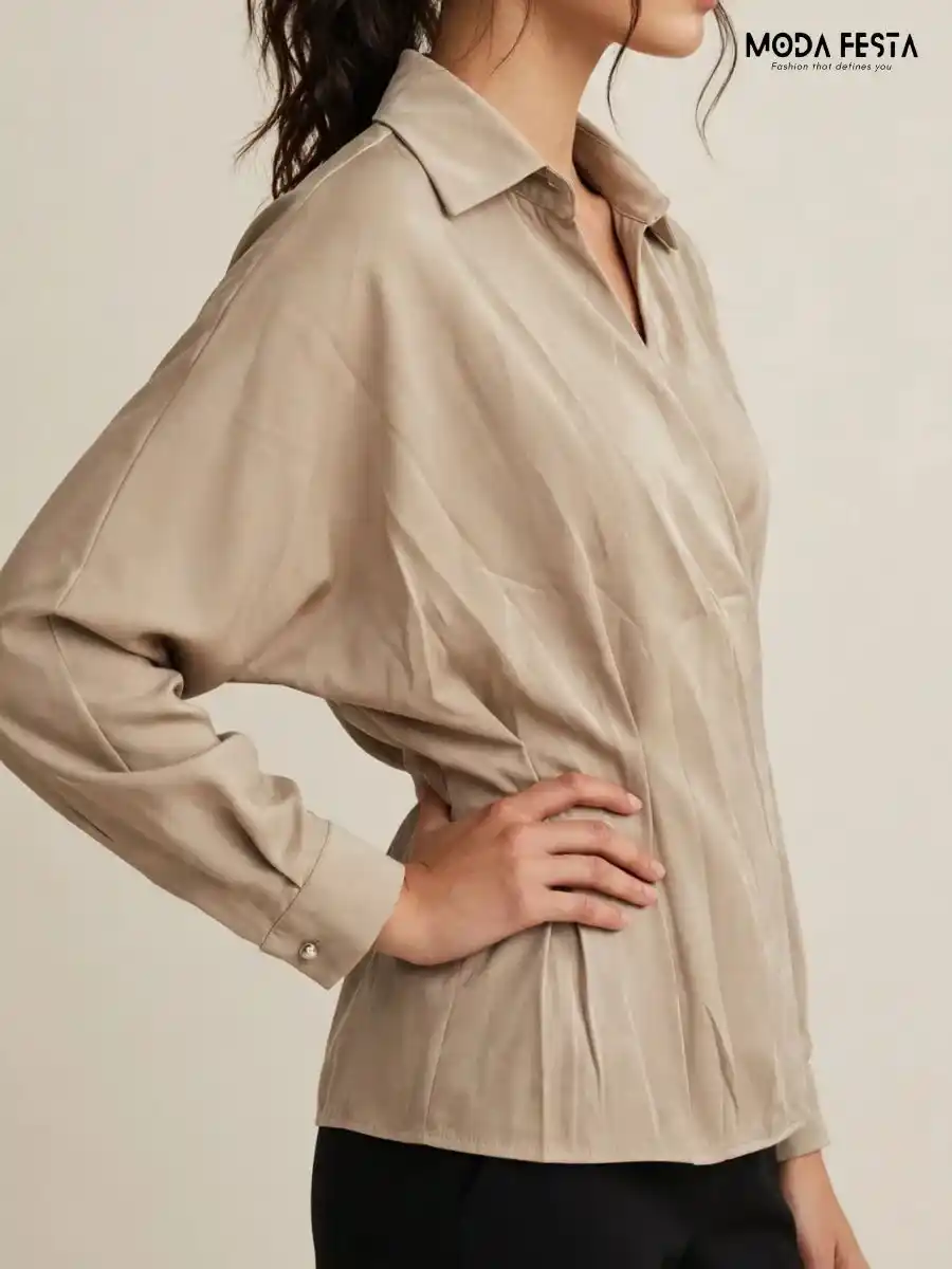 ModaFesta -beige-satin-wrap-style-collared-long-sleeve-top