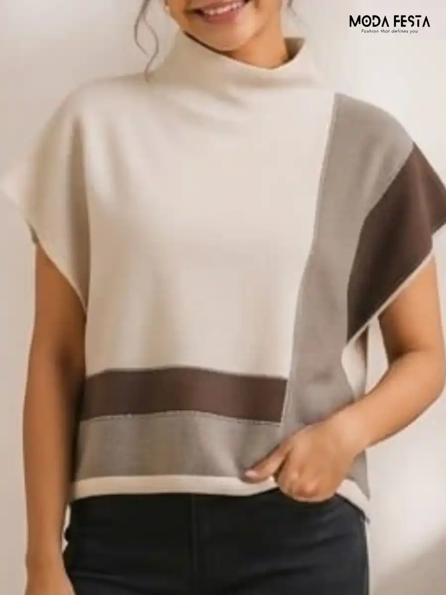 ModaFesta -colorblocked-mock-neck-knit-top