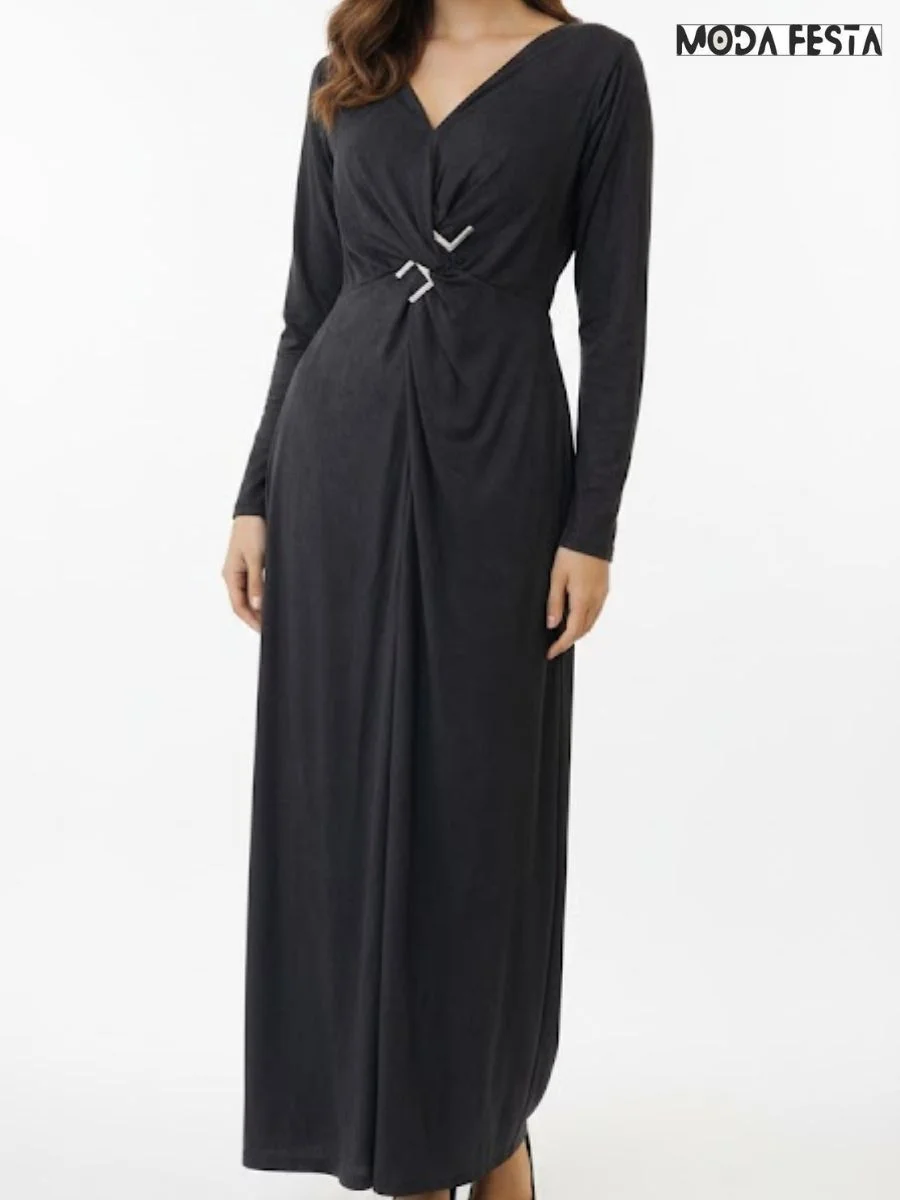 Elegant V-Neck Knotted Front Maxi Dress