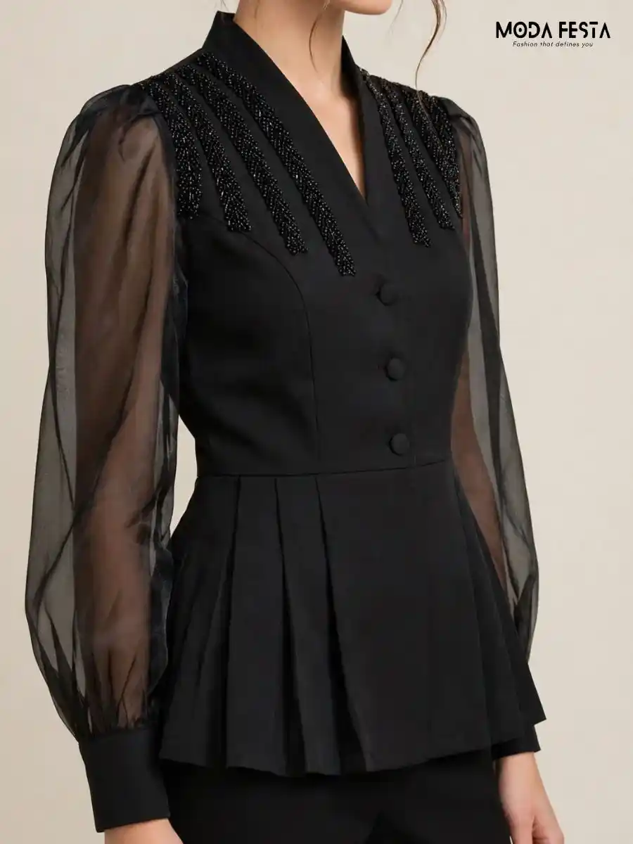 ModaFesta -black-beaded-mandarin-v-neck-organza-sleeve-peplum-top