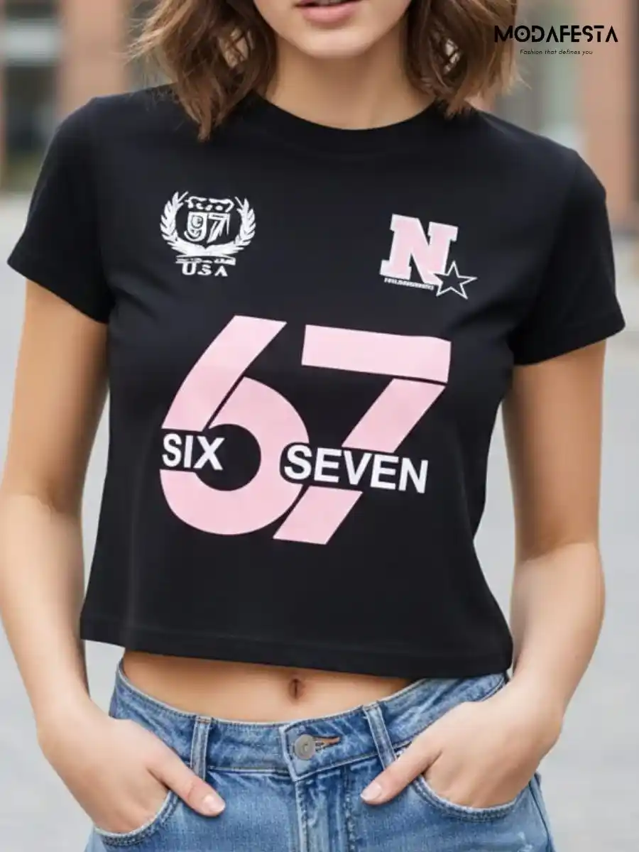 Elegant 6 7 Print Crop T Shirt
