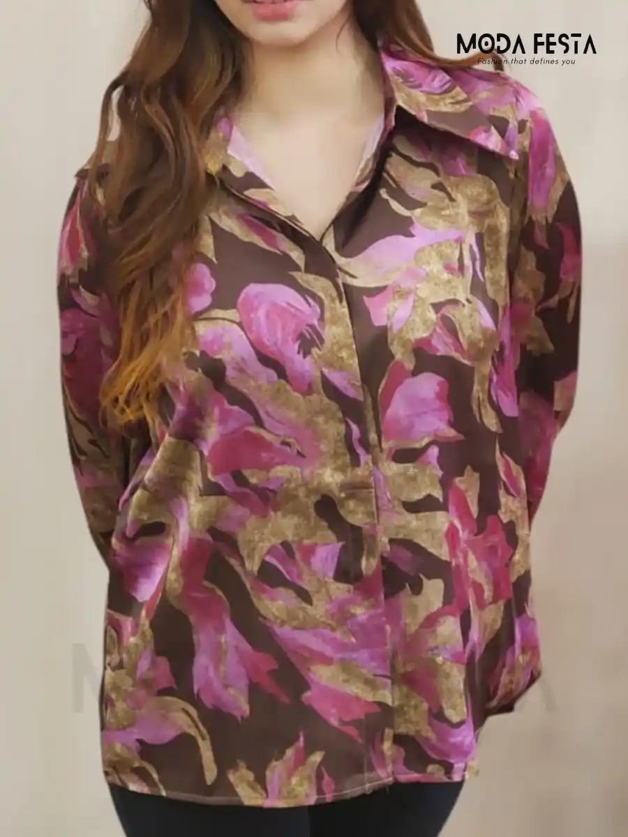 ModaFesta -floral-printed-satin-shirt-brown