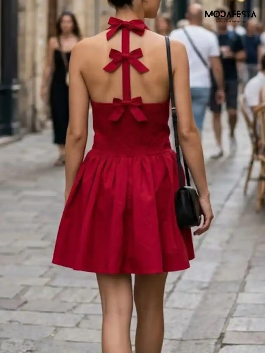 ModaFesta -elegant-halter-neck-flair-dress-with-back-bow-red