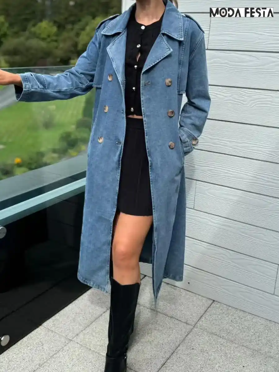 ModaFesta -elegant-denim-trench-coat-dress-blue