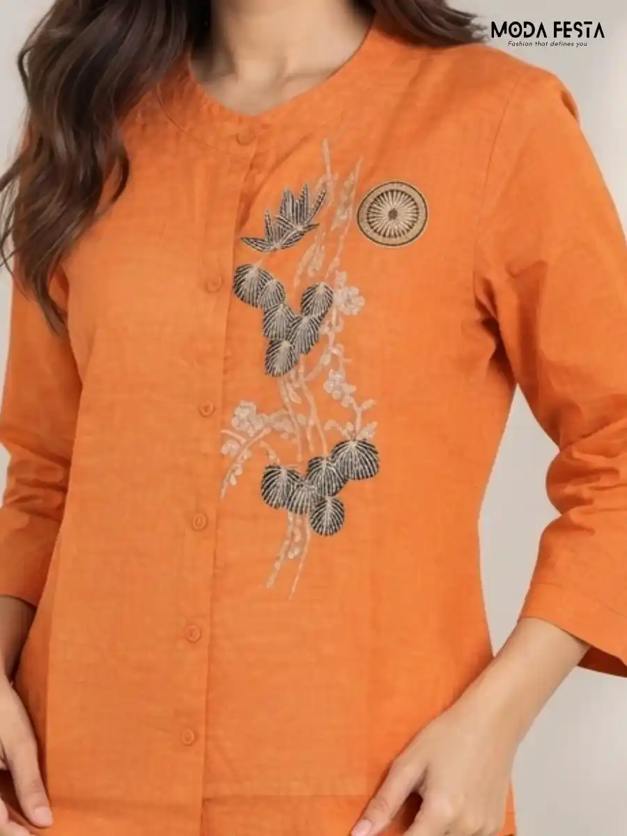 ModaFesta -orange-floral-embroidered-mandarin-collar-top
