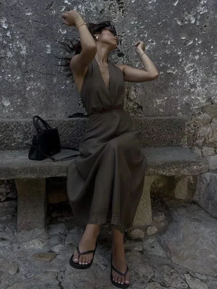 ModaFesta -linen-halter-midi-dress-dark-green