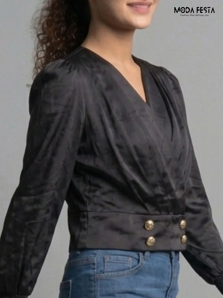 ModaFesta -black-pleated-peplum-top-with-gold-hardware