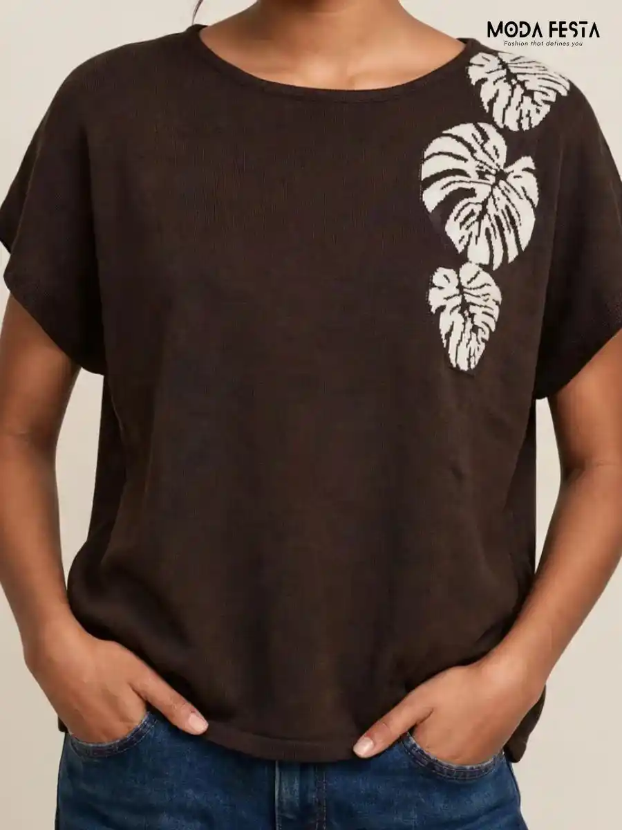 Brown & White Leaf Motif Short Sleeve Knit Top
