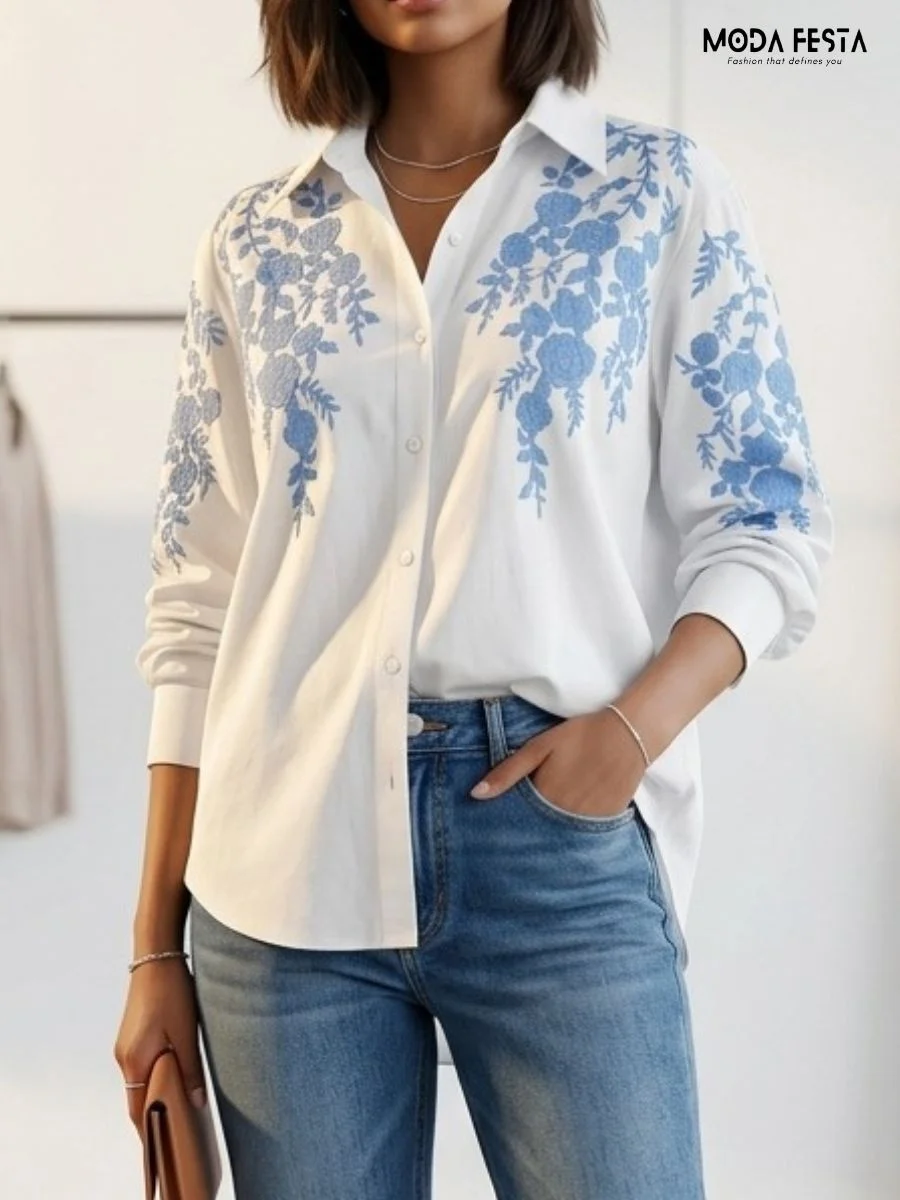 Sky Blue Floral Embroidered Mandarin Collar Tunic