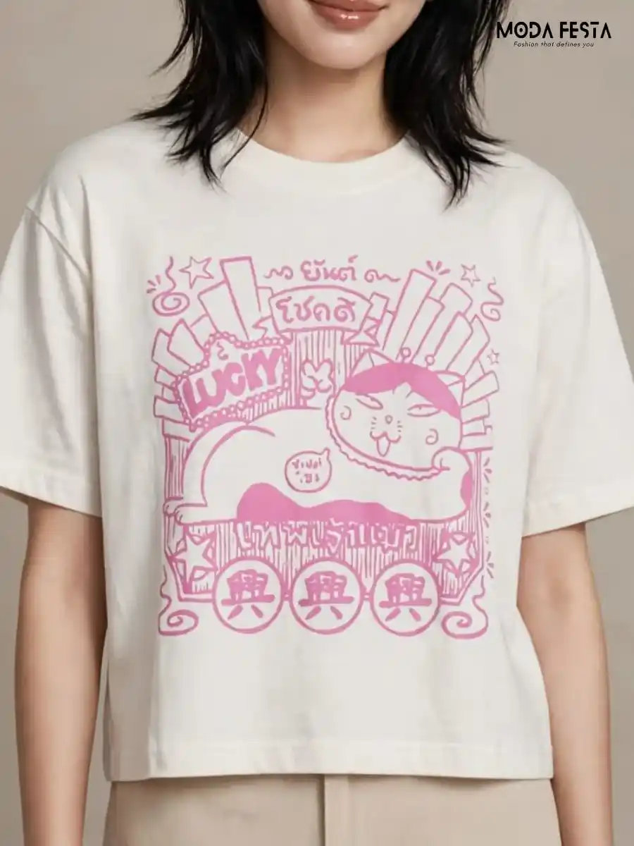 Pink Lucky Cat Graphic Print Crop T-Shirt