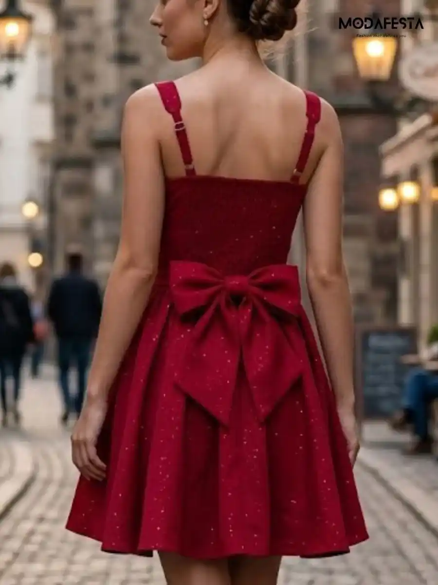 ModaFesta -elegant-glitter-smocked-dress-with-back-bow-red