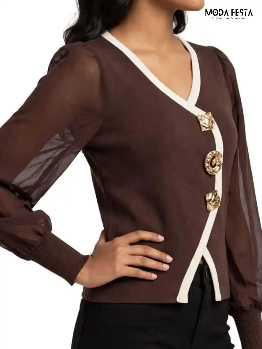 ModaFesta -brown-white-contrast-trim-asymmetric-statement-top