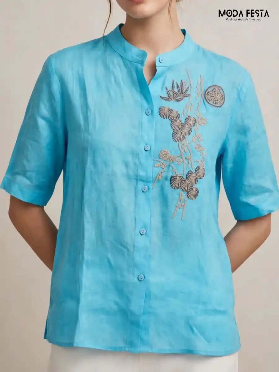 Sky Blue Embroidered Button-Down Top