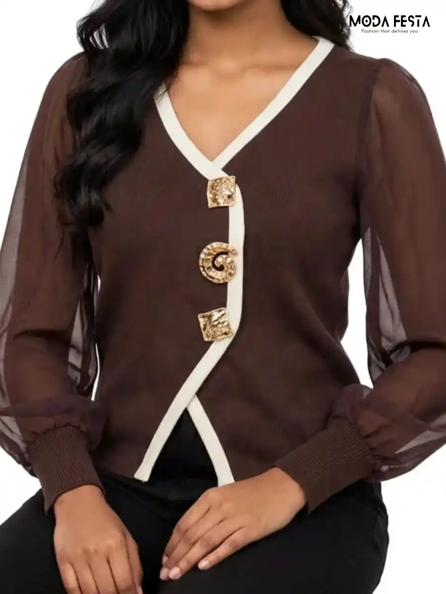 ModaFesta -brown-white-contrast-trim-asymmetric-statement-top