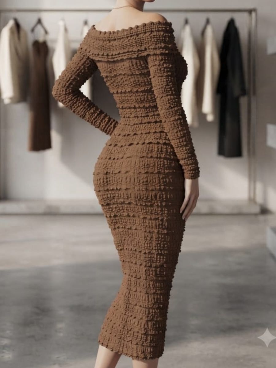 ModaFesta -off-shoulder-bodycon-full-sleeve-strecheble-dress-brown