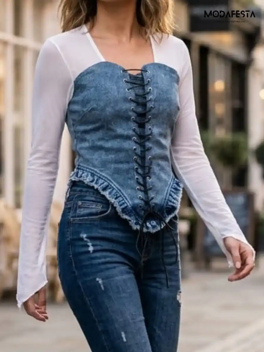Lace-Up Denim Corset Mesh Top