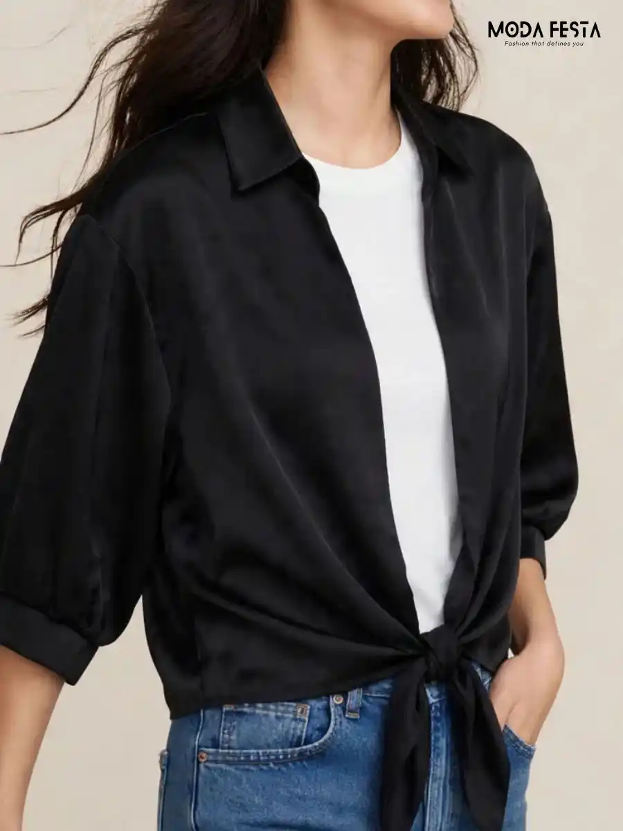 ModaFesta -solid-tie-front-shirt