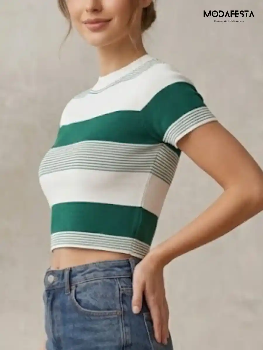 ModaFesta -elegant-green-and-white-striped-crop-t-shirt