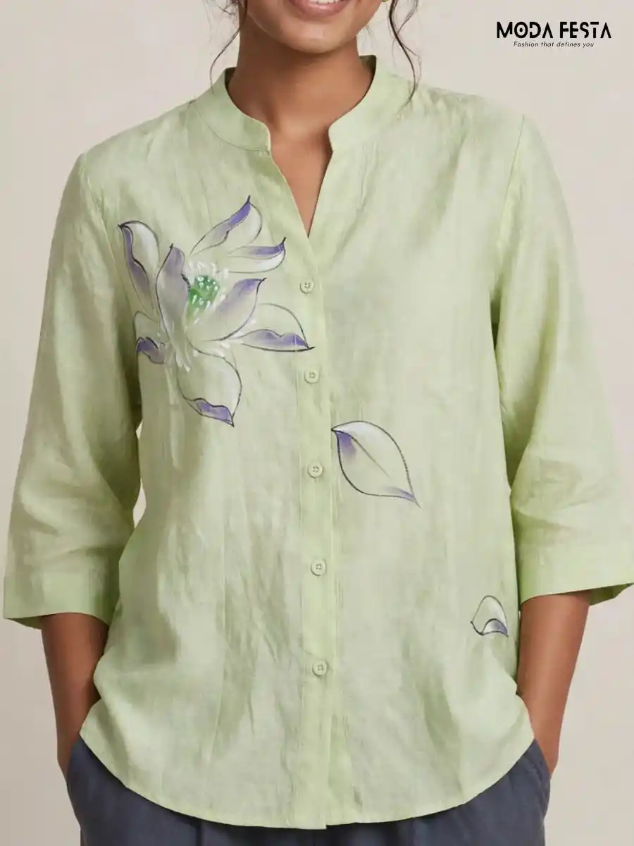 ModaFesta -sage-green-hand-painted-floral-casual-shirt