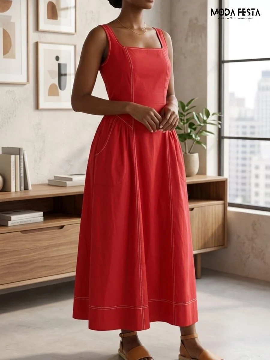 ModaFesta -contrast-stitch-square-neck-midi-dress-red