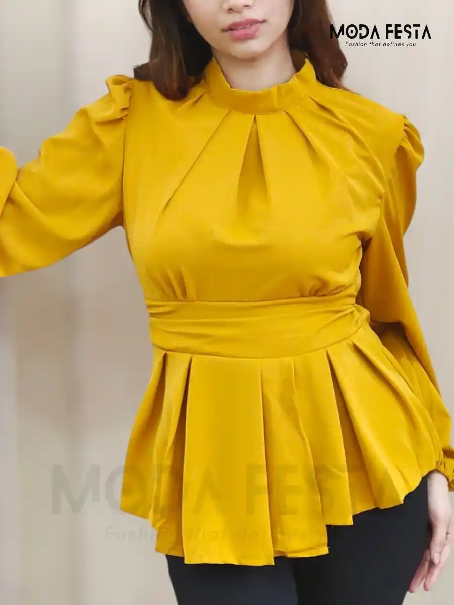 ModaFesta -yellow-high-neck-peplum-top