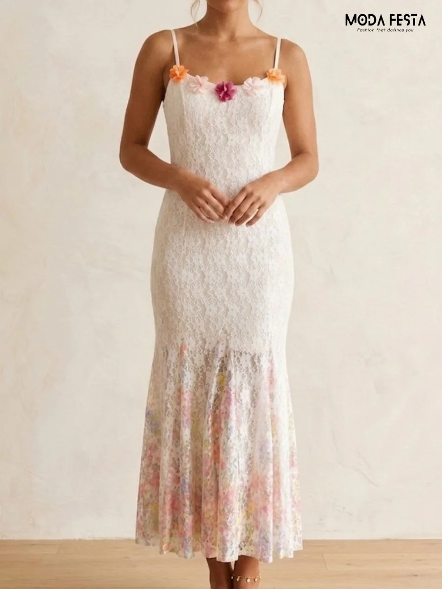 Floral Applique Lace Mermaid Midi Dress
